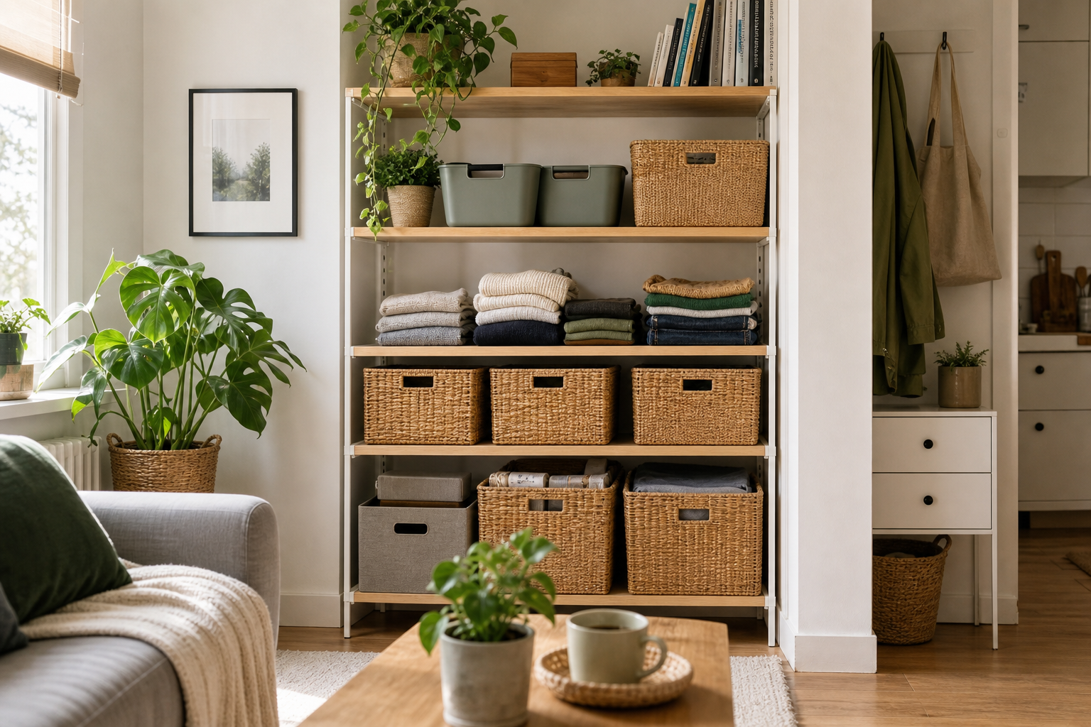 Ordentliches Regal mit Körben, Büchern und Textilien in einer kleinen Wohnung